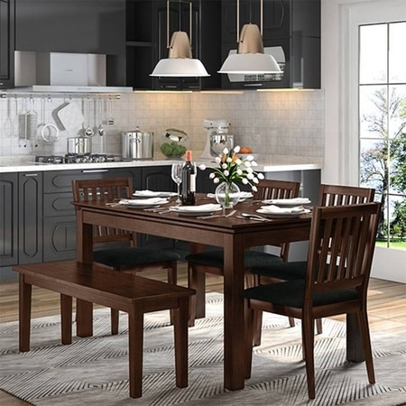 Diner 6 Seater Dining Table With Diner Upholstered Chairs and Bench (Finish : Dark Walnut, Chair Colour : Grey)