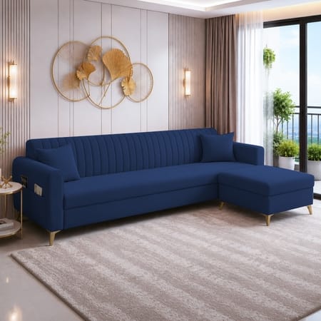 Daraco Velvet L shape 5 Seater Sofa in Navy Blue Color