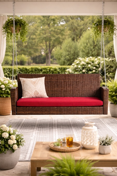 Carry Bird Wicker Patio Furniture Outdoor Balcony Swings In Brown And Maroon Colour