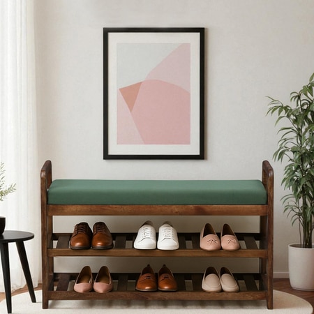 Halden Solid Wood Shoe Rack with Seating in Walnut Brown finish