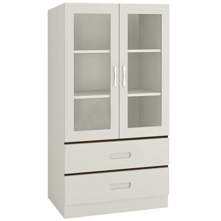 Paloma Large Crockery cum Bookshelf Cabinet with Toughened Glass Shutters and Drawers in Ivory Coffee Walnut Colour