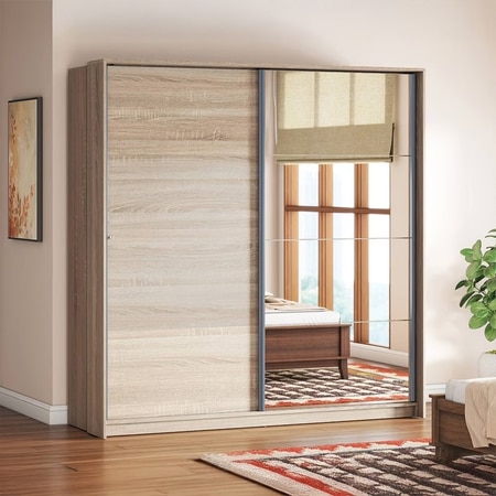 Loretta Sliding Door Wardrobe With Mirror in Sonoma Oak Finish