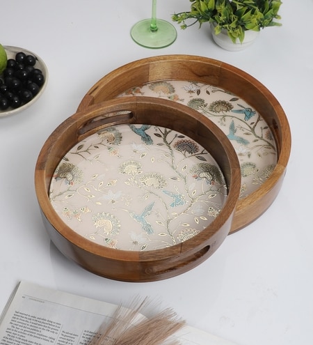 Elegant Wooden Tray Set – Bird & Blossom Design (Set of 2)