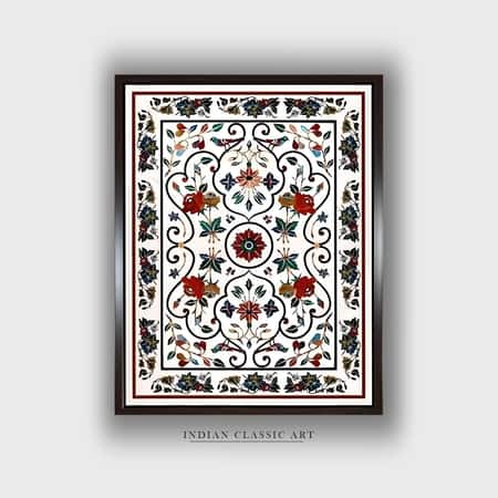 Beige Blue Mughal Floral Printed Framed Canvas Wall Canvas Wall Prints Set of 1 Multicolor Matte