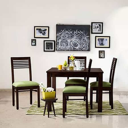 Brighton Solid Wood 4 Seater Dining Table With 4 Zella Chairs (Chair Colour- Avocado Green , Finish- Mahogany)
