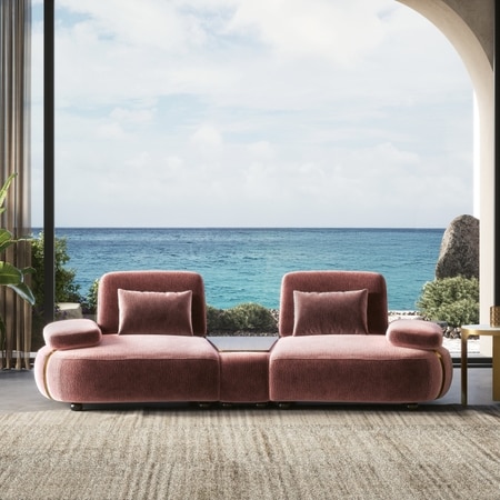 Soho Fabric Sofa With Modular Wood Top Table In Blush Fabric