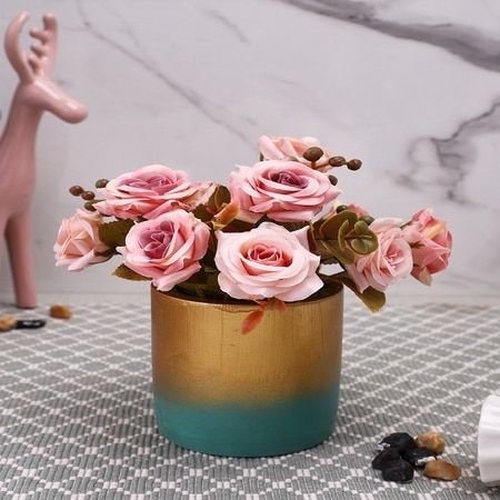 Artificial Pink Roses With A Ceramic Pot