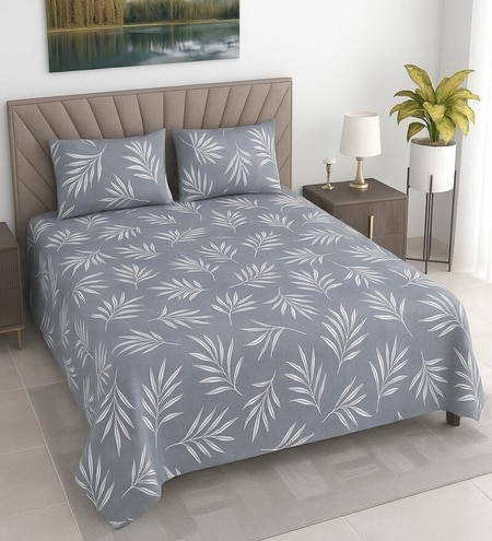 Zion Blue Floral 400 TC Cotton Flat Queen Size Bedsheet with 2 Pillow Covers – Threads