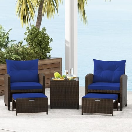 Carry Bird Wicker Patio Furniture Outdoor Balcony Chairs In Brown And Navy Blue Colour