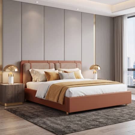 Cassina Engineered Wood King Size Bed With Hydraulic Storage Duel tone in Clay Knit and Russet Brown Leatherette