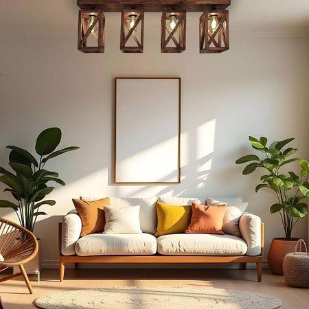 Symmetric Brown Solid Wood Ceiling Light