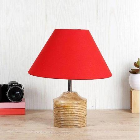 Jane Red Fabric Shade Table Lamp with Natural Wooden Base