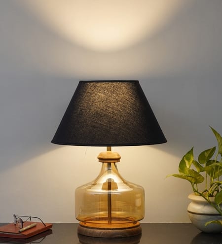 Alexandro Amber Lustere Glass And Wood Table Lamp With Black Cotton Shade