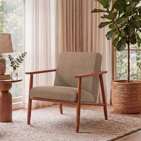 Arles Solid Wood Armchair In Natural Acacia Finish with Clay Kint Colour