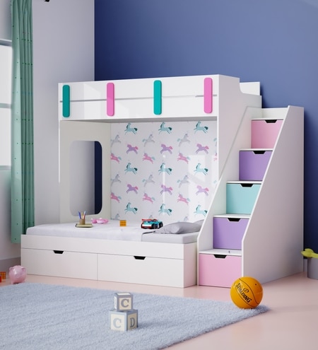 Pattern Dreams Bunk Bed 6X5 (Drawers On Wheels) In White Colour