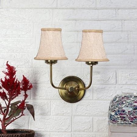 Devansh Dual Gold Metal Wallmounted Lamp With Beige Jute Shade