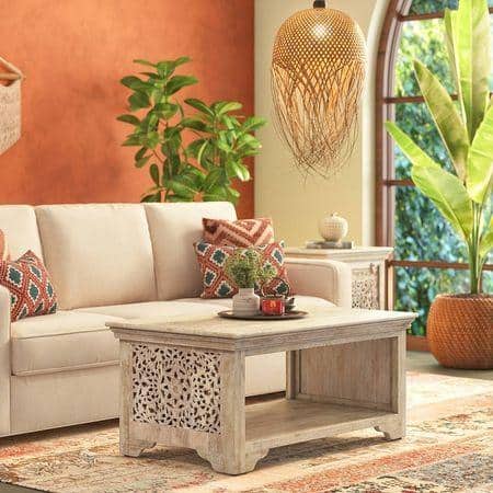 Anokhi Rectangular Solid Wood Coffee Table In Rustic White Finish