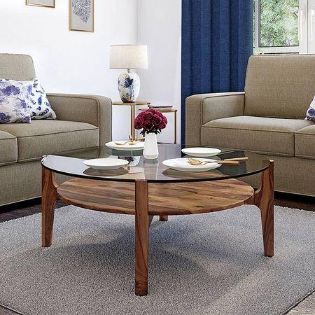 Cayman Round Glass Top Solid Wood Coffee Table with Storage In Teak Finish