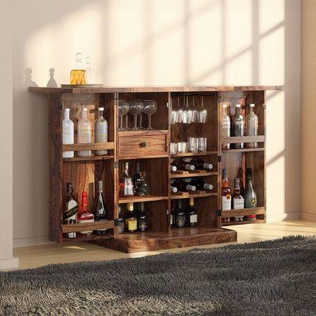 Caledonia Solid Wood Bar Cabinet in Teak Finish