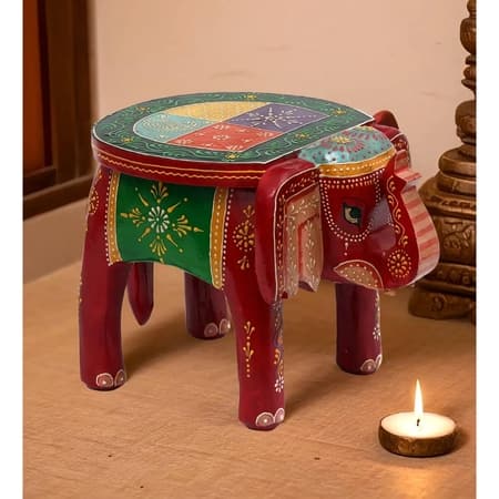 Desert Art Wooden Handpainted Red Elephant Stool 8 Inch