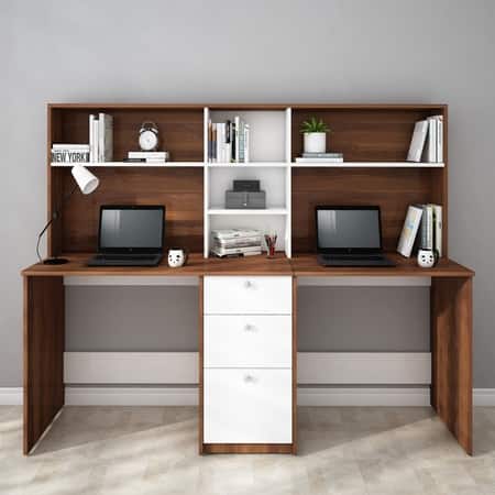 Natsu Twin Home Office Table Walnut and Frosty White