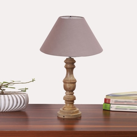 Devansh Grey Cotton Table Lamp With Wood Natural Base (10X18 Inches)-32