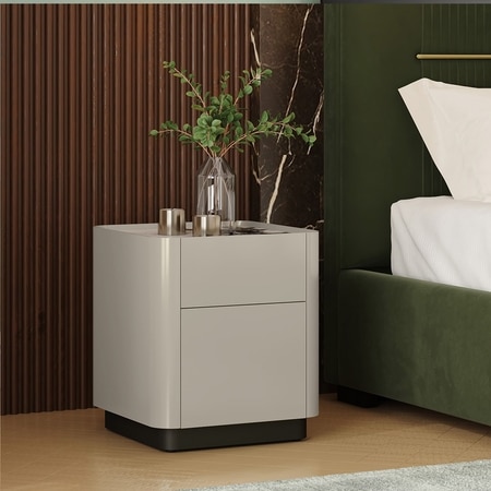 Dorian Engineered Wood Bedside Table With Ceramic Top In Taupe High Gloss Finish