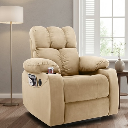 Helios One Seater Fabric Manual Recliner with Cup Holder in Beige Colour