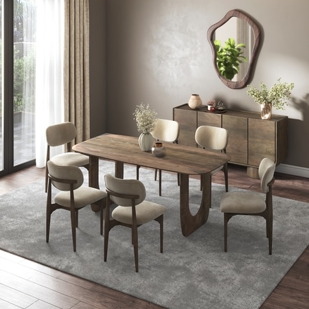 Aero Solid Wood 6 Seater Dining Table With 6  Ollie Dining Chairs (Finish : Danish Walnut, Chair Colour : Cloudy Beige Velvet)