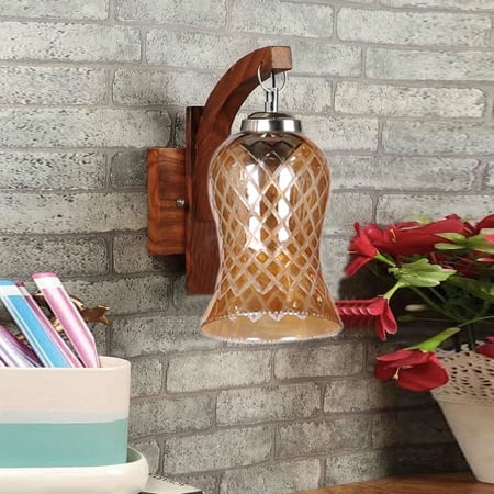 Devansh Solid Wood Electric Wall Light in Brown Colour with Lavender Shade Count of 1 Light
