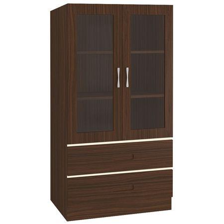 Paloma Large Crockery cum Bookshelf Cabinet with Toughened Glass Shutters and Drawers in Coffee Walnut Light Wood Colour
