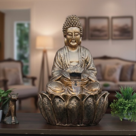 Golden Fiber Glass Elowen Lotus Buddha Indoor Water Fountain