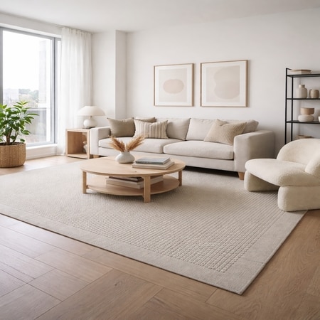 Linen Ridge Wool Rectangle Carpets Hand Knotted in Beige Colour