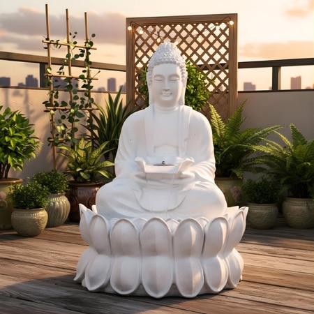 White Double Lotus Buddha Water Fountain