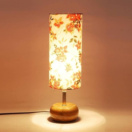 Sandra Multicolour Fabric Shade Table Lamp with Natural Wooden Base