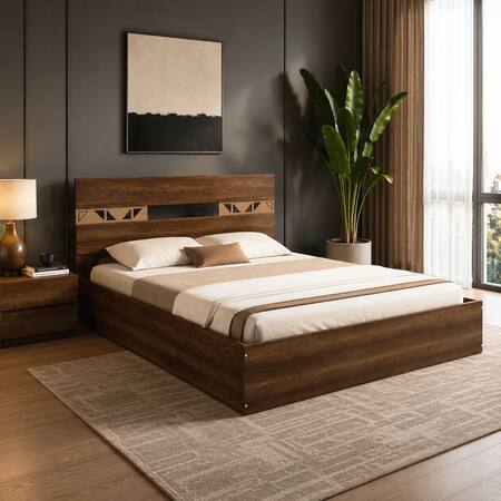 Salmacis Engineered Wood Queen Size Bed Without Storage (Walnut Finish)