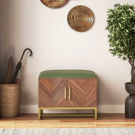 Nina 4 Pairs Solid Wood Shoe Cabinet With Seat In Amber Walnut Finish Olive Leatherette