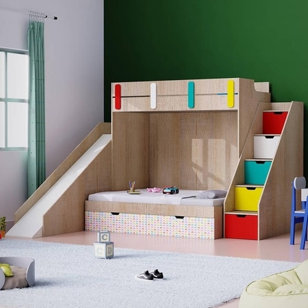 Sleep Nâ€™ Slide Bunk Bed with Slide and Storage in Oak Colour BKBB027