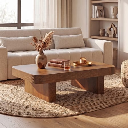 Nakkashi Solid Wood Rectangular Coffee Table In Amber Walnut Finish