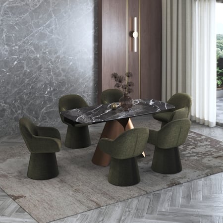 Aeris Ceramic 4 To 6 Seater Extendable Dining Table With 4 Selene Dining Chairs (Finish : Black Jade, Chair Colour : Green)