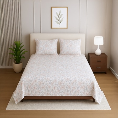 White Floral 400 TC Cotton Flat Super King Size Bedsheet With 2 Pilllow Covers Threads