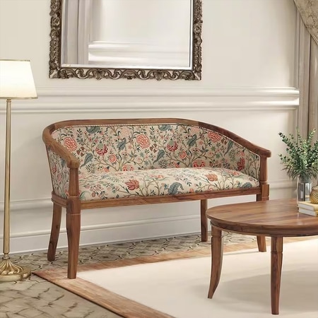 Florence Loveseat 2 Seater In Teak Finish With Calico Floral Retreat Fabric Colour