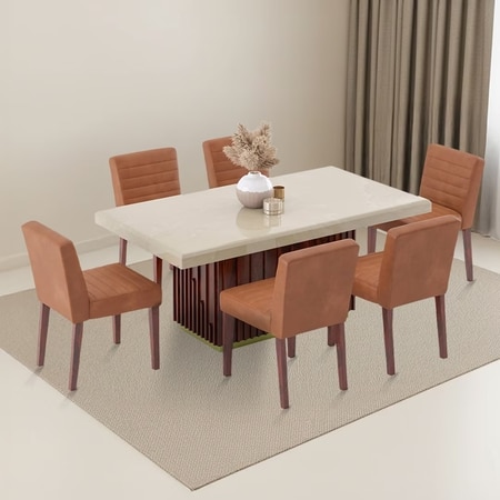 Gabriele Onyx 6 Seater Pedestal Dining Table With Set Of 6 Ludo Dining Chairs