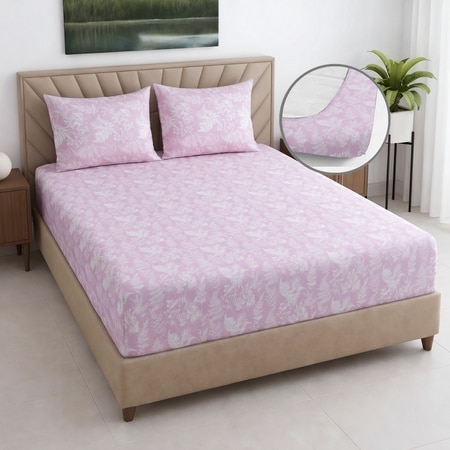Pink Floral 400 Tc  Cotton Fitted  Super King Size Bedsheet With 2  Pilllow Covers