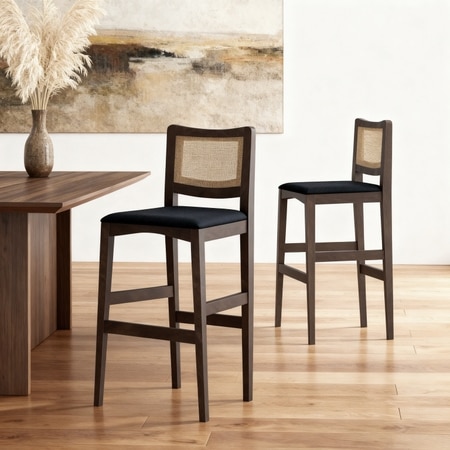 Weber Solid Wood and Cane Bar Chair In Danish Walnut Finish and Deep Blue Velvet Colour
