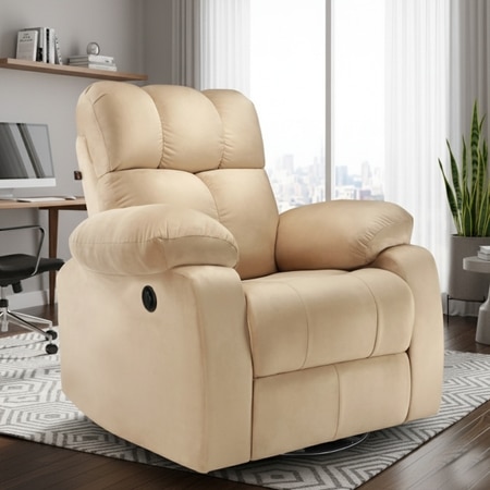 Helios Fabric One Seater Motorised Recliner Chair with Rocking Revolving Premium Soft Suede Fabric in Beige Colour