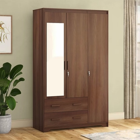 Hilton 3 Door 3 Drawer Wardrobe With Mirror and Lock in Chestnut Acacia Finish