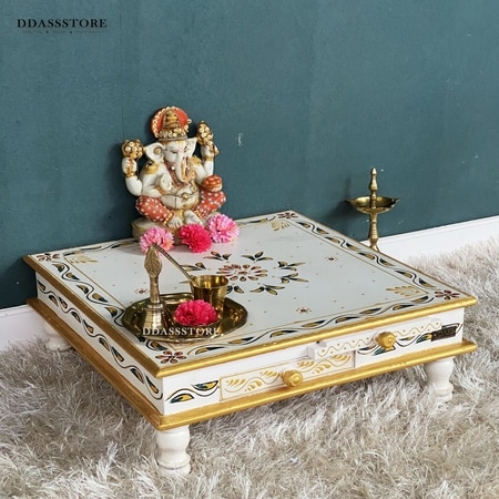 D'Dass White Mdf and Sheesham Wooden Pooja Chowki With Drawer
