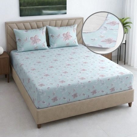 Reva Green Shade Floral 400 TC Cotton Fitted Super King Size Bedsheet with 2 Pillow Covers – Threads