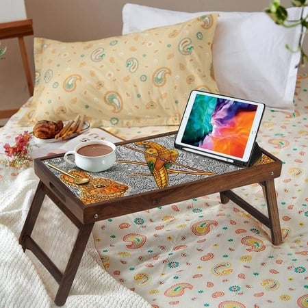 Doodle Art Solid Wood Breakfast Table/Tray In Multicolour